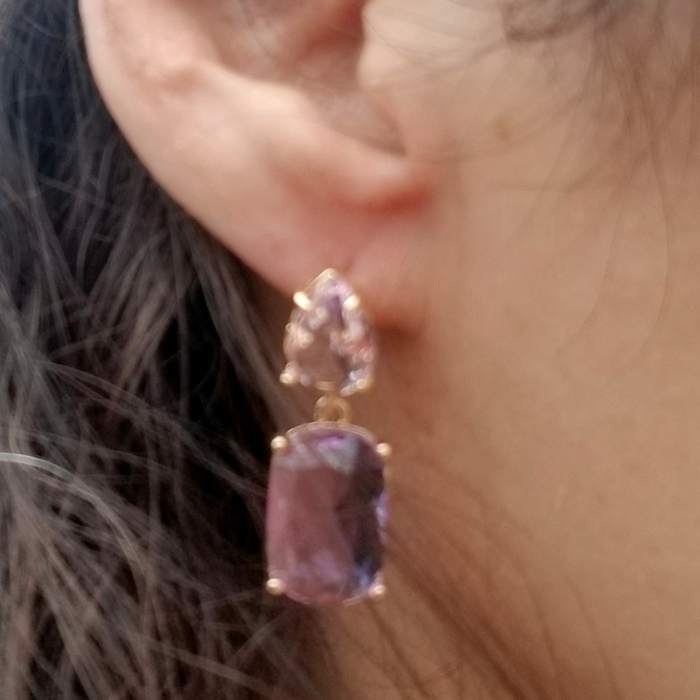 14k Gold Purple Alexandrite & Pink Tourmaline Stud Earrings, Alexandrite Dangle - Picture 5 of 7